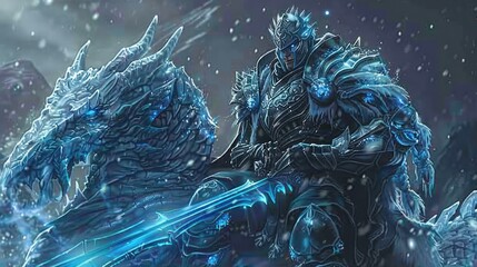 The blue-eyed Frozen Demon Emperor in an ice warrior outfit holds an ice sword and sitting on ice ghost dragon