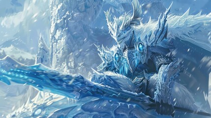 The blue-eyed Frozen Demon Emperor in an ice warrior outfit holds an ice sword and sitting on ice ghost dragon