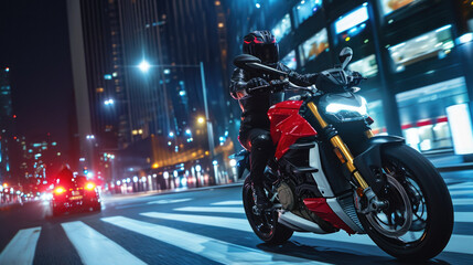 Man riding a motorcycle at night in a city. The motorcycle is red and black and the rider is wearing a black helmet. The city is in the background and is out of focus