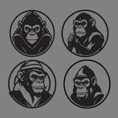 Logo design graphic, an evil ape smoking a cigar cigarette, and beer on a round shield, line icon, filled white background, clean lines, simple vector logo design, Symbol, Outline