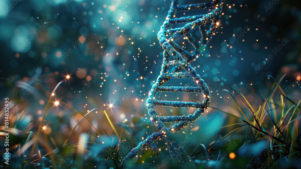 Poster glittering dna helix in nature with glowing lights and bokeh effect.