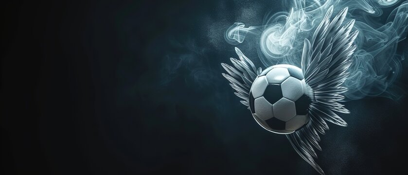 Soccer ball with wings flying on black background with copy space.