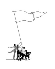 Group of employees putting flag. Claiming victory together. Collective success and unity. Contemporary art collage. Teamwork. Concept of business, entrepreneurship. Line art design.