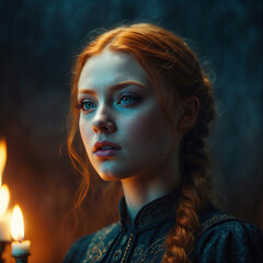 Naklejka premium Elegant Vintage Woman in Candlelit Historical Dress