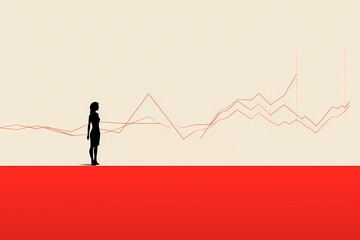 Silhouette of a businesswoman standing on a red carpet and looking at a graph