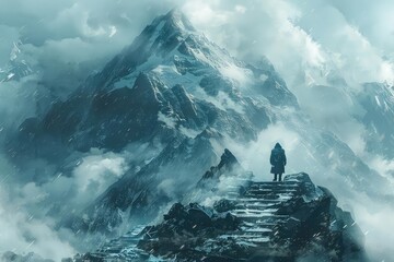 Atmospheric illustration of a lone climber, misty mountains, moody, immersive setting