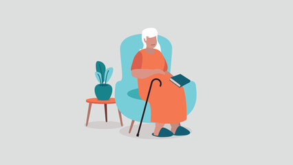 Adobe IllVektor-Illustration einer pflegebed&uuml;rftigen &auml;lteren Person, die entspannt in einem Sessel sitzt - soziales Konzeptustrator Artwork