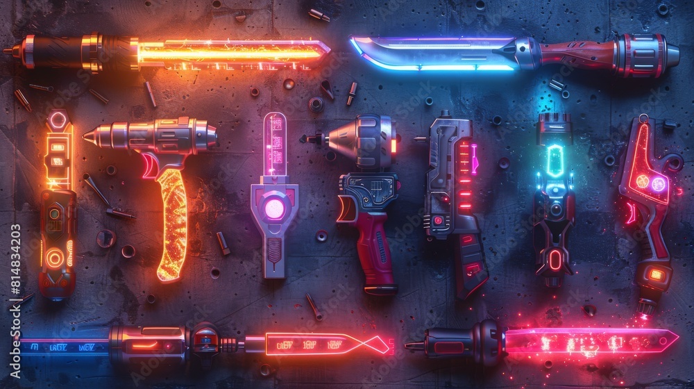 Poster create a series of neon diy object symbols, including shining