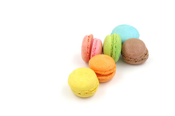 Sweet colorful macarons isolated on white background. Tasty colourful macaroons.