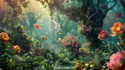 Fantastical forest scene with oversized flora and fauna