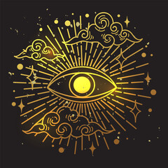 Evil eye gold. Eye of Providence. Lineart Vector illustration. Magic witchcraft symbol. Masonic symbol. Hand drawn logo or emblem