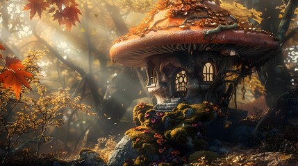 Enchanted Autumn Mushroom Cottage in Magical Forest Landscape