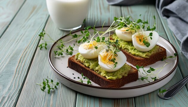 Wholesome Breakfast Bliss: Avocado Toast with Boiled Egg and Greens