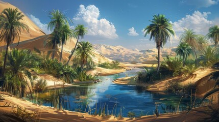 Obraz premium Surreal desert oasis with shimmering pools and towering palm trees
