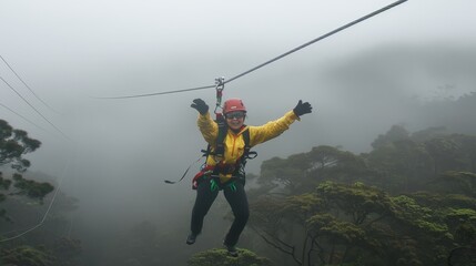 Exciting zip line adventure in misty forest canopy - thrilling outdoor experience