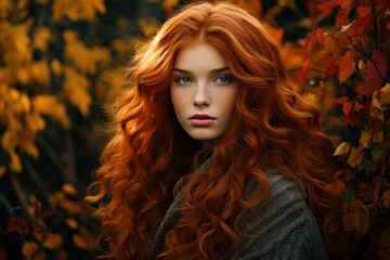 Stunning woman with fiery red curls contrasting with colorful autumn leaves