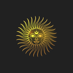 Sun gold vector illustration, hand drawn celestial boho line art logo, icons and symbol mystic moon tattoo elements for decoration.