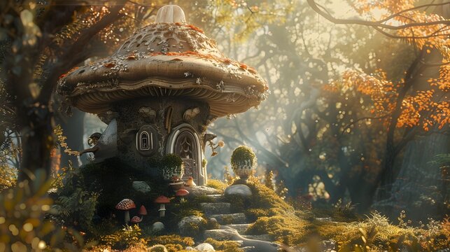 Magical Mushroom House in Autumnal Enchanted Forest Landscape