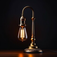 elegant vintage-style table lamp with warm light on wooden surface against dark background. concepts: home decor websites or catalogs, antique or vintage store advertisements, interior design websites