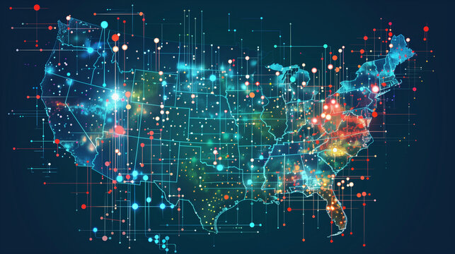Digital map of the United States with data points and graphs overlay, representing global digital economic activity and connectivity across America.
