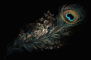 Obraz premium Peacock Feather on black background with copy space