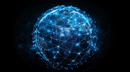 Obraz premium Blue digital globe with network lines and light points illustrating global connectivity
