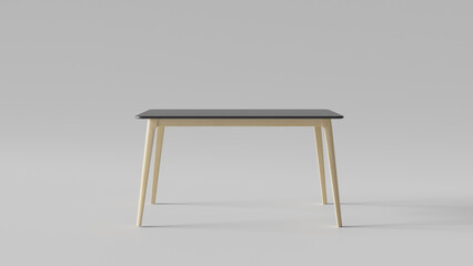 a table with a black top and a wooden base