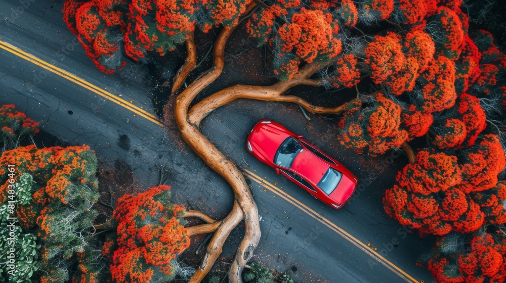 Aufkleber design an overhead depiction of a collision involving a car and a fallen tree blocking the roadway, 