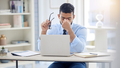 Businessman, desk and laptop for burnout and stress, fatigue and overworked in office. Document,...