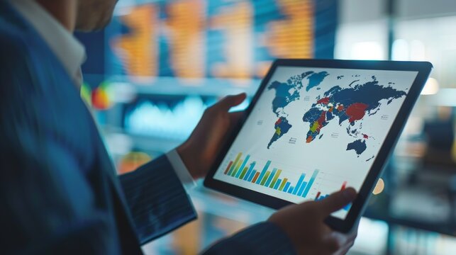 A businessman analyzing international economic graphs on a digital tablet, strategizing for global market fluctuations.