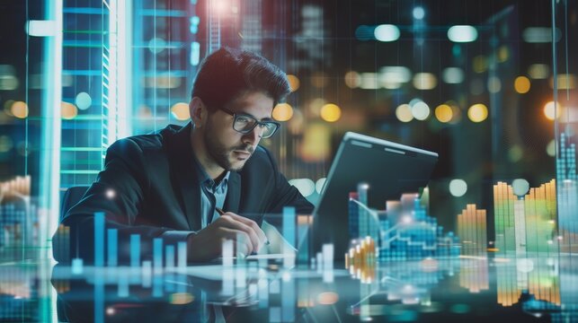 A businessman studying international economic reports in a modern office setting, preparing for global business ventures.