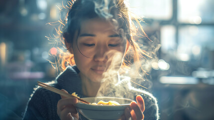 Chinese woman holding a bowl of steaming hot wonton soup - Powered by Adobe