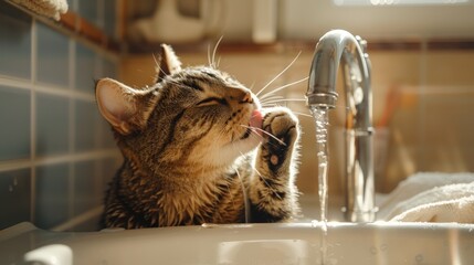 A cat licking its paw while sitting in a sink filled with warm water, indulging in self-grooming...