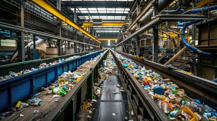 Obraz premium a waste treatment plant, showcasing a bustling glitch belt system for glass, metal, and paper recycling in an industrial setting, with a blue spiral conveyor line transporting plastic bottles.