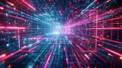 Fototapeta premium Neon grids and data streams in digital landscape