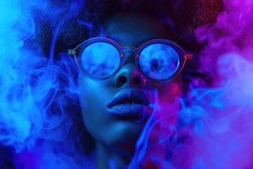 Contemporary Cool: Afro Woman Smoking, Digital Neon Art Style