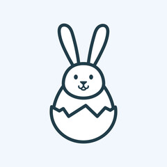 Funny rabbit sitting in a cracked Easter egg icon. Flat line pictogram with editable stroke. Chocolate bunny as a festive treat, celebration symbol. Cute animal character for your design. Vector