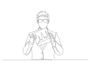 Continuous one line drawing of businessman explaining strategy. One line drawing illustration of businessman explaining. Presentation for work concept. Editable outline.
