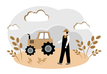 Fertile field concept with farm tractor. Ingathering. Agronomist, farmer in a wheat field.