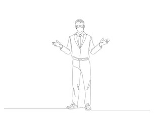 Continuous one line drawing of businessman explaining strategy. One line drawing illustration of businessman explaining. Presentation for work concept. Editable outline.
