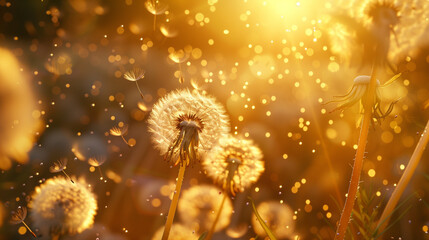 Dandelion flowers and seeds blowing in the wind with sunlight shining through, creating an enchanting spring scene in the style of nature.