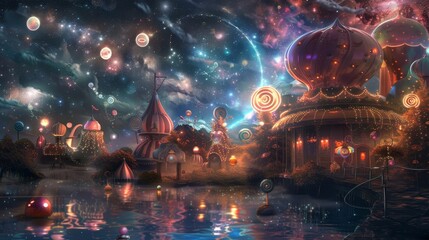 Obraz premium Surreal cosmic carnival with whimsical attractions