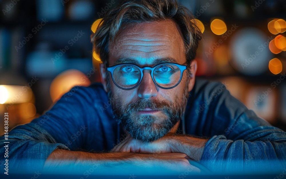 Aufkleber a man with glasses is looking at a computer screen. concept of focus and concentration as the man st