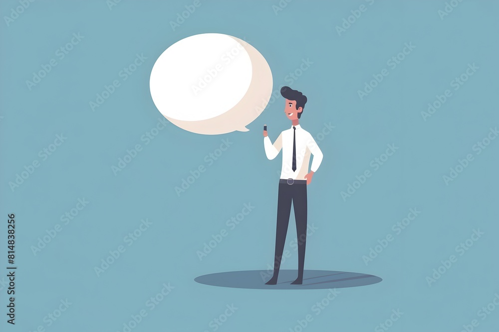 Poster businessman presenting idea with speech bubble in conceptual business and technology setting