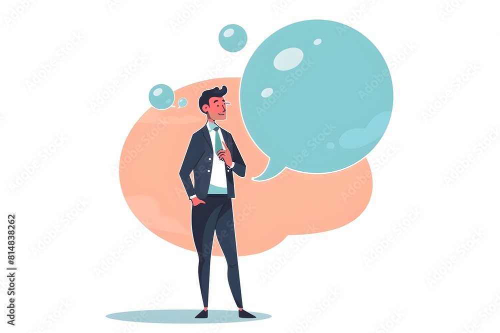 Poster businessman standing with thoughtful expression and idea bubble