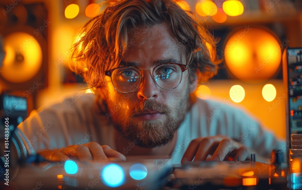 Poster a man with glasses is sitting in front of a computer. he is looking at the screen with a serious exp