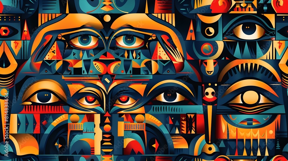 Poster Captivating Surreal with Abstract Patterned Faces and Vibrant Colorful Imagery