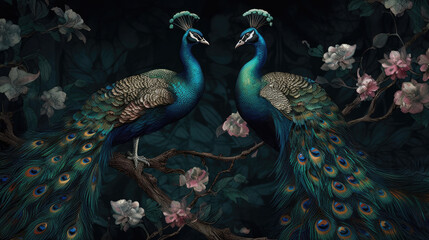 Two Peacocks in tropical garden at night. Peafowl, wallpaper, art