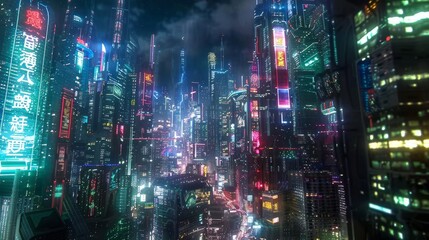 Fototapeta premium A bustling futuristic metropolis lit by neon billboards