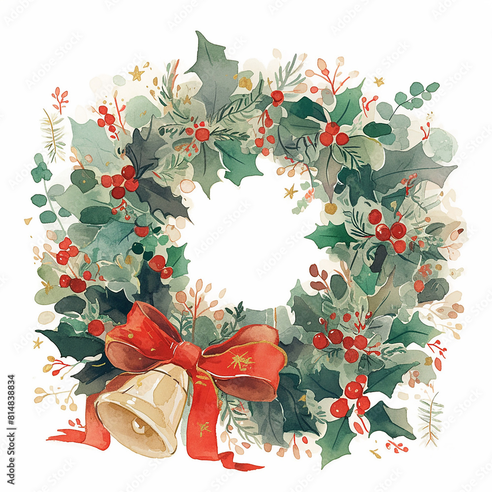 Poster a wreath of holly and pine needles with red ribbon. the wreath is a symbol of the christmas season a